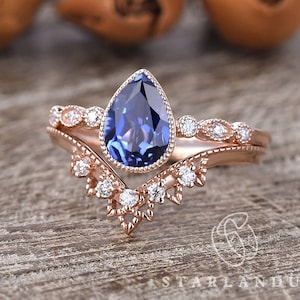 Cornflower Sapphire Ring Set 2pcs Art Deco Pear Shaped Bridal Set Light Blue Mystic Ring Cluster Engagement Ring Lab Sapphire Ring Rose Gold