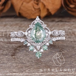 Pear Moss Agate Engagement Ring Set White Gold Ring Vintage Inspired Ring Bridal Set Flower Vine Ring Milgrain Ring Unique Wedding Ring Set
