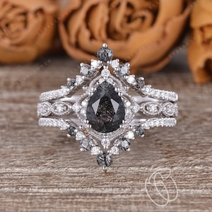 Art Deco Salt and Pepper Crystal Ring 3pcs White Gold Engagement Ring Black Rutilated Quartz Ring Crystal Engagement Ring Pear Shaped