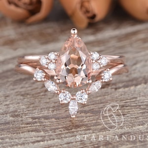 Pear Shaped Morganite Bridal Set 2pcs 1.2ct Morganite Cluster Ring Marquise Chevron Band Stacking Ring Set Peachy Morganite Dainty Custom
