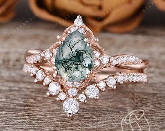 Moss Agate engagement ring Rose Gold wedding ring set Infinity Rings Vintage Cluster Unique Bridal Set Art Deco Milgrain Vine Antique 2pcs