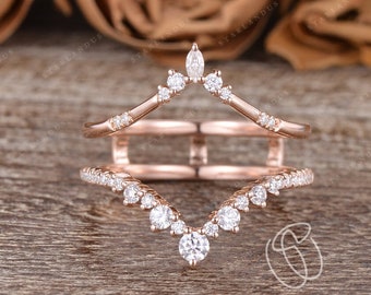 Vintage Moissanite Curved Wedding Band Women Rose Gold Marquise Moissanite Enhancer Ring Cluster Matching Band Custom Stacking Ring Cage