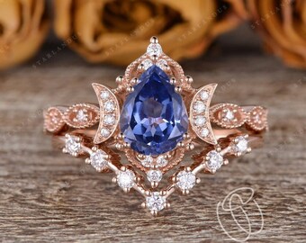 Unique Cornflower Sapphire Ring Lab Sapphire Pear Shaped Engagement ring Rose Gold Flower Cluster Wedding Ring Boho Engagement Ring Women