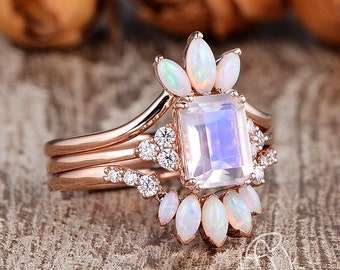 Emerald Cut Bridal Set 3pcs Cluster Marquise Opal Rings Women Art Deco Antique Chevron Unique Moonstone Ring Set Rose Gold Birthstone