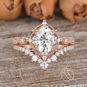 Unique Rose Gold Bridal Set 1.5ct Moissanite Engagement Ring Art Deco Ring Milgrain Vine Vintage Oval Moissanite Ring Set Antique 2pcs