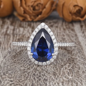 Pear Shaped Lab Sapphire Ring White Gold Engagement Ring Tear Drop Ring September Birthstone Vintage Blue Stones Ethical Diamond Moissanite