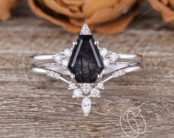 Coffin Engagement Ring White Gold Bridal Set 2pcs Black Rutilated quartz bridal set 2pcs Cluster One of a kind salt and pepper crystal ring