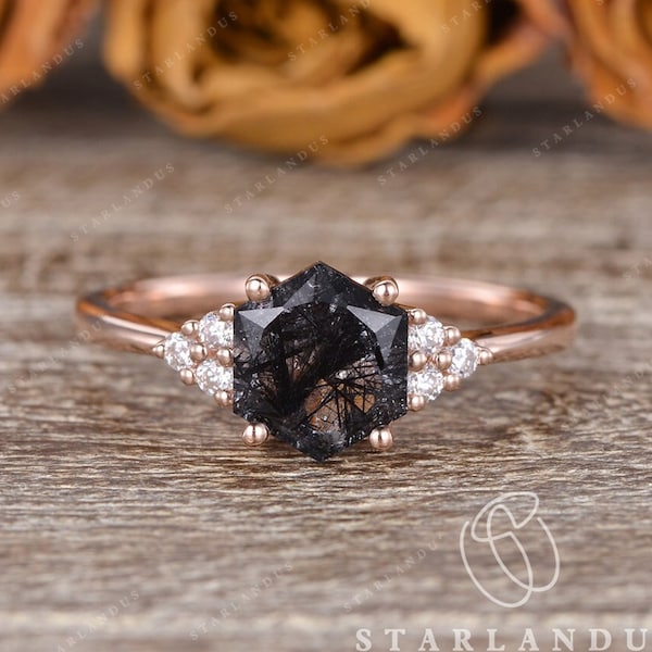 Hexagon Black Rutilated Quartz Engagement Ring Rose Gold Wedding Ring Women Solitaire Cluster Ring Geometric Ring Salt And Pepper Crystal