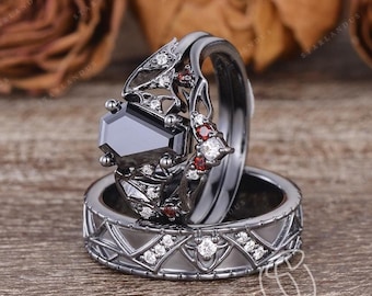 Vintage Gothic Couples Ring Coffin Cut Black Moissanite Ring Black Gold Wedding Band His and Hers Ring Matching Promise Rings For Men Women