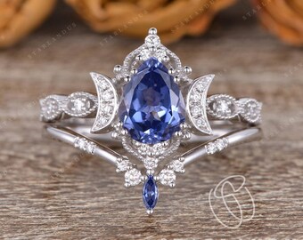 Cornflower Sapphire Bridal Set 2pcs Solid 14K White Gold Ring Pear Shaped Engagement Ring Marquise Lab Sapphire Wedding Band Women Boho Ring
