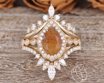 Natural Golden Rutilated Quartz Engagement Ring Set Vintage Pear shaped Yellow Gold Bridal Set Art Deco Wedding Ring Set Stacking Ring 3PCS
