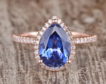 Cornflower Blue Sapphire Ring Pear Shaped Engagement Ring Rose Gold White Gold Lab sapphire Ring Moissanite Diamond Halo Classic Birthstone