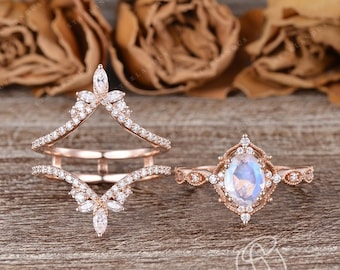 Vintage Oval Cut Moonstone Engagement Ring Set Rose Gold Moissanite Cage Ring Unique Bridal Set Marquise Wedding Band Promise Ring