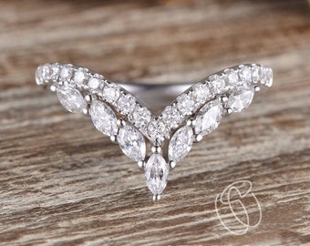 Custom Curved Wedding Band Women White Gold Wedding Band Marquise Diamonds Ring Moissanite Band Chevron Ring Guard Angel Wing Cluster Ring