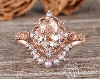 1.2ct Morganite Engagement Rings 2pcs Pearl Wedding Band Antique Morganite Ring Chevron Art Deco Ring Flower Wedding Petal Unique Bridal Set