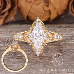 Vintage Marquise Moissanite Engagement Ring Yellow Gold Wedding Ring Unique Floral Ring Milgrain Art Deco Ring Filigree RIng Antique Retro
