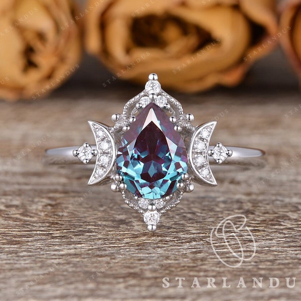 1ct Lab Alexandrite Engagement Ring 1ct Mystic Boho Ring White Gold Ring Unique Pear Moon Star Ring Changing Color Alexandrite Gift Women