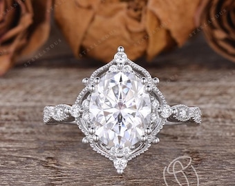 3ct Size Choice White Gold Engagement Ring Size Choice Oval Halo Ring Flower Art Deco Engagement Ring Oval Moissanite Ring Flower Wedding