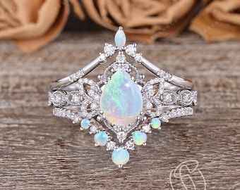 Fairy Opal Engagement Ring Set Pear Shaped Opal Butterfly Ring White Gold Moissanite Bridal Set Fantasy Ring Natural Inspired Anniversary