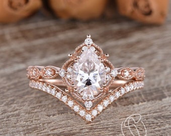 Pear Shaped Engagement Ring Rose Gold Moissanite Engagement Ring Vine Ring Cluster Bridal Set 2pcs Stacking Wedding Rings Chevron Band