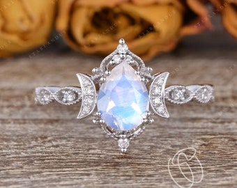 Pear Shaped Moonstone Engagement Ring Rose White Gold Vine Ring Boho Engagement Ring Vintage Inspired Flower Moon Star Ring Antique Art Deco