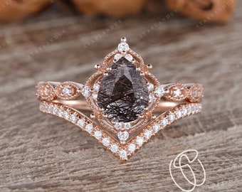 Pear Shaped Black Rutilated Quartz Engagement Ring 2pcs Rose Gold Engagement Ring Antique Stacking Set Chevron Paved Ring Vine Flower Halo