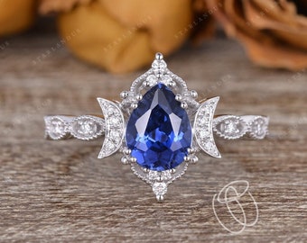 Pear Shaped Lab Sapphire Engagement Ring 1ct Birthstone Engagement Ring Rose Gold Unique Crescent Moon Flower Vine Antique Sapphire Ring