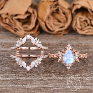 Vintage Moonstone Engagement Ring Set Women Rose Gold Pear Shaped Moonstone Ring Cluster Enhancer Ring Moon Ring Unique Bridal Set