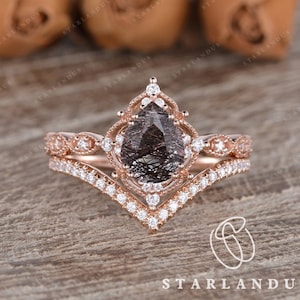 Pear Shaped Black Rutilated Quartz Engagement Ring 2pcs Rose Gold Engagement Ring Antique Stacking Set Chevron Paved Ring Vine Flower Halo