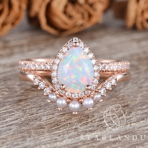 Pear Shaped Lab Australian Opal Ring Bridal Set 2pcs Pearl Customs Curved Band Rose Gold Halo Engagement Ring Matching White Opal Ring