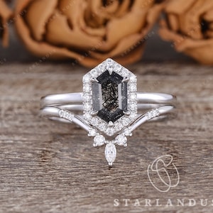 Hexagon Black Rutilated Quartz Engagement Ring 2pcs White Gold Engagement Ring Women Solitaire Cluster Ring Salt And Pepper Crystal Gift