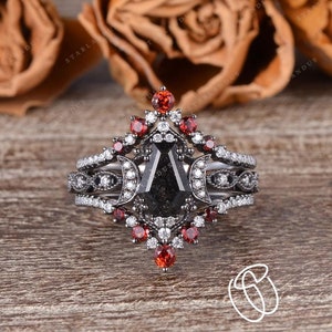 Gothic Black Rutilated Quartz Black Gold Engagement Ring Set Coffin Cut Wedding Ring Set Garnet Band Crystal Ring Moon Bridal Set Vintage