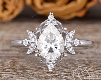 1.2ct Pear Shaped Moissanite Engagement Ring Boho Ring White Gold Ring Unique Pear Moon Star Tear Drop Art Deco Gift Women Birthday Gift