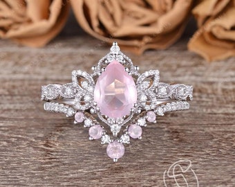 Fantasy Butterfly Rose Quartz Engagement Ring Set Inspired White Gold Pear Shaped Pink Amethyst Bridal Set Crystal Ring Unique Fairy Ring