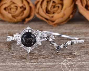 Unique Black Rutilated Quartz Rings Infinity Engagement Ring Crystal Wedding Band Women Bridal Set 2pcs White Gold Natural Vintage Cluster