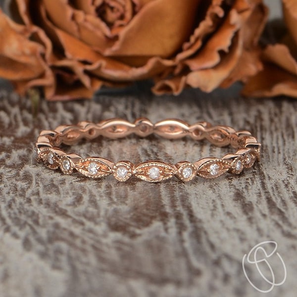Art Deco Band Moissanite Wedding Band Rose Gold Ring Women Retro Matching Full Eternity For Women Mini Stacking Anniversary Gift Promise