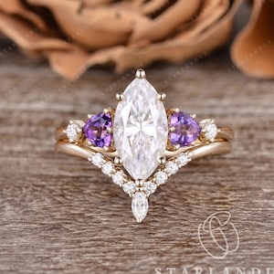 2ct Moissanite Engagement Ring Marquise Cut Moissanite Bridal Set Women 2pcs Yellow Gold Unique Ametyst Ring Wedding Ring Set Marquise Band