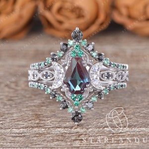 Coffin Shaped Lab Alexandrite Engagement Ring 3pcs Emerald Ring Moonstone Ring White Gold Bridal Set One of a kind Vintage Antique Ring Moon