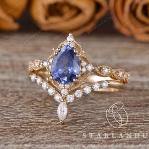 1ct Cornflower Blue Sapphire Ring Solid 14K Gold Lab Sapphire Bridal Set 2pcs Bobo Engagement Ring Cluster Marquise Moissanite Band Stacking