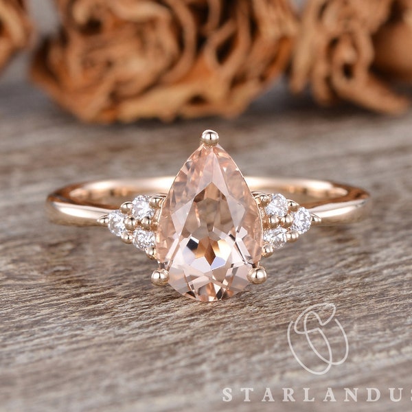 1.2ct Pear Shaped Morganite Engagement Ring Rose Gold cluster Ring Solitaire Ring Peachy Morganite Ring Wedding Rings For Women Unique