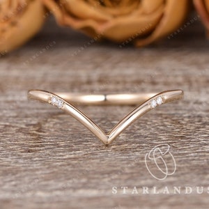 Mini Wedding Band Women Custom Fit Solid 14K Gold Wedding Band Promise Ring Moissanite Wedding Band Chevron  Ring V Shape Thin Dainty Ring
