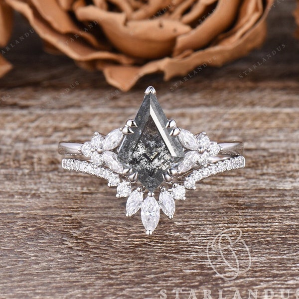 Kite Cut Salt and Pepper Moissanite Bridal Set 2PCS Unique White Gold Moissanite Engagement Ring Cluster Ring Floral Ring Anniversary Gift