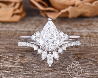 1ct Lab Diamond Ring IGI Appraisal Pear Shaped Diamond Engagement Ring Rose Gold Cluster Wedding Women Unique Marquise Bridal Set 2pcs
