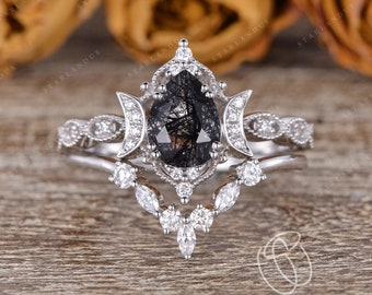 Pear Shaped Engagement Rings Rose Gold Moon Inspired White Gold Stacking 2pcs Black Rutilated Quartz Ring Salt and Pepper Crystal Flower