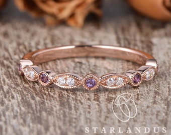 Rose Gold Wedding Band Art Deco Wedding Ring Women Amethyst Band Stacking Alternating Ring February Birthstone Ring Milgrain