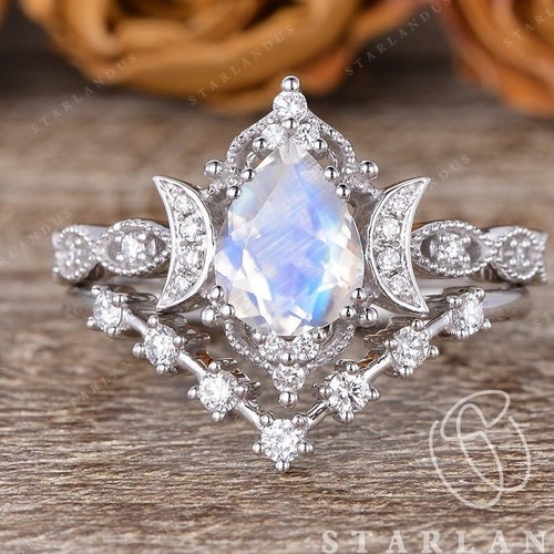 Unique Moonstone Engagement Ring Pear Shaped Bridal Set 2pcs - Etsy