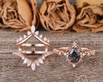 Vintage Salt and Pepper Crystal Bridal Set Pear Black Rutilated Quartz Engagement Ring Set Rose Gold Moissanite Ring Set Enhancer Ring