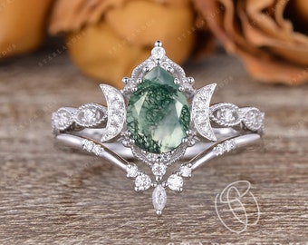 Unique Moss Agate Engagement Ring Pear Shaped White Gold Bridal Set 2pcs Unique Vine Half Moon Floral Marquise Moissanite Wedding Band Women