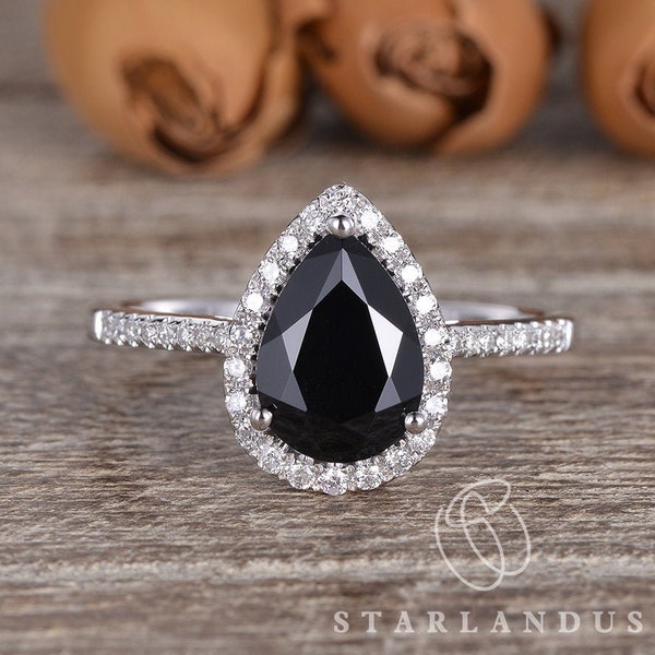 2ct Black Spinel Engagement Ring White Gold Wedding Ring Pear shaped Engagement Ring Black Stone Halo Ring Mystic Ring August Birthstone