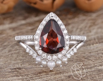 Pear Shaped Garnet Engagement Ring White Gold Bridal Set Pear Garnet January Birthstone Antique Curved Pearl Wedding Band Women Stacking